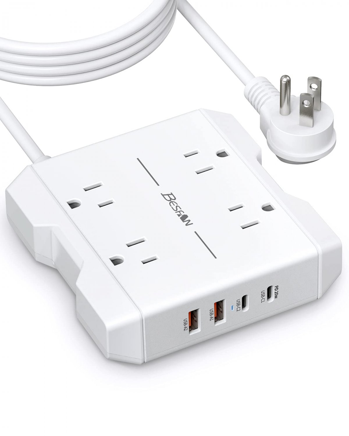 BESFAN Small Power Strip with USB C, Power Delivery Power Strip with 4 Outlets, 2 USB-A 3.0 & 2 USB-