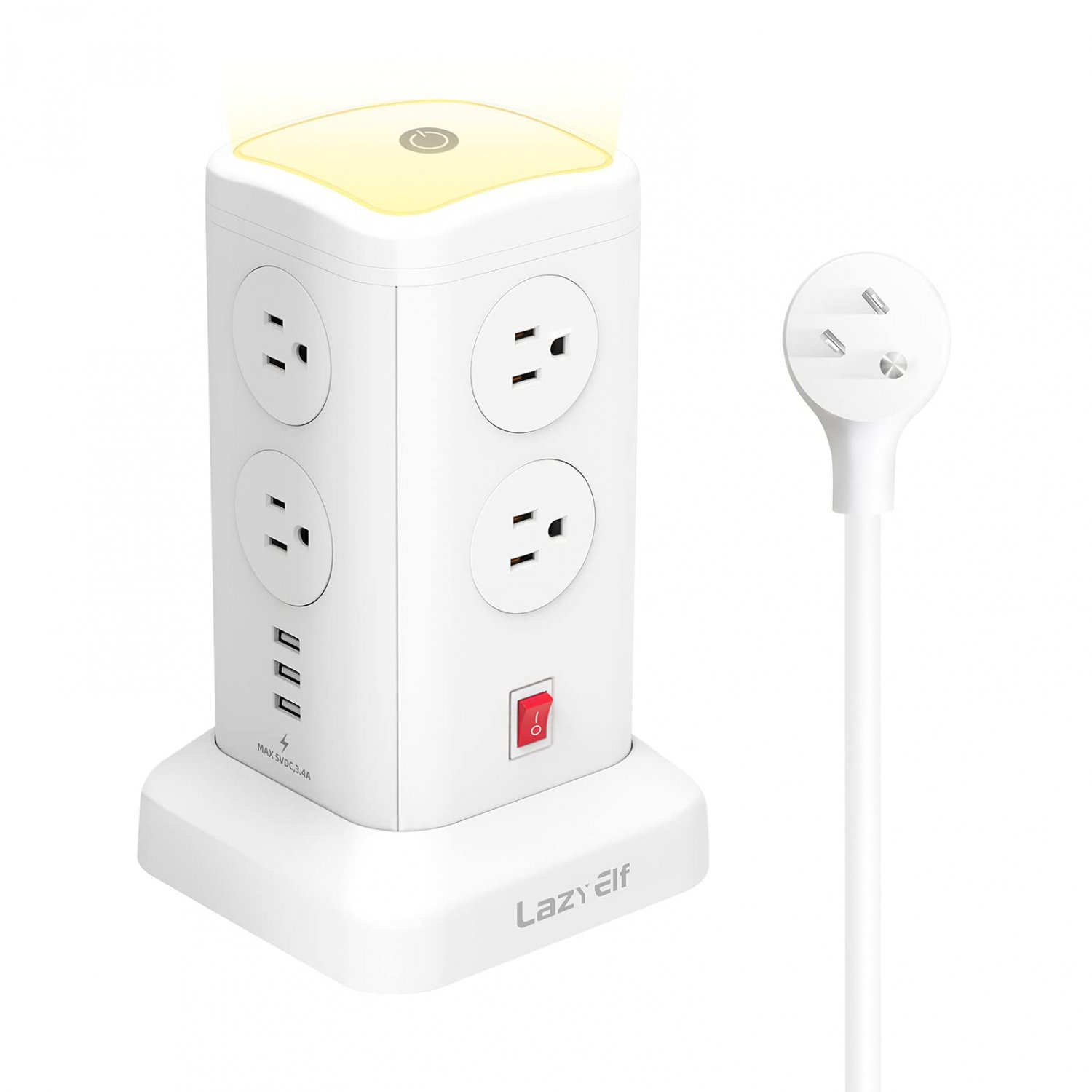 Power Strip Tower Surge Protector - Lazy Elf 1875W 15A 8 Outlets 6 USB Ports Charging Tower with Nig