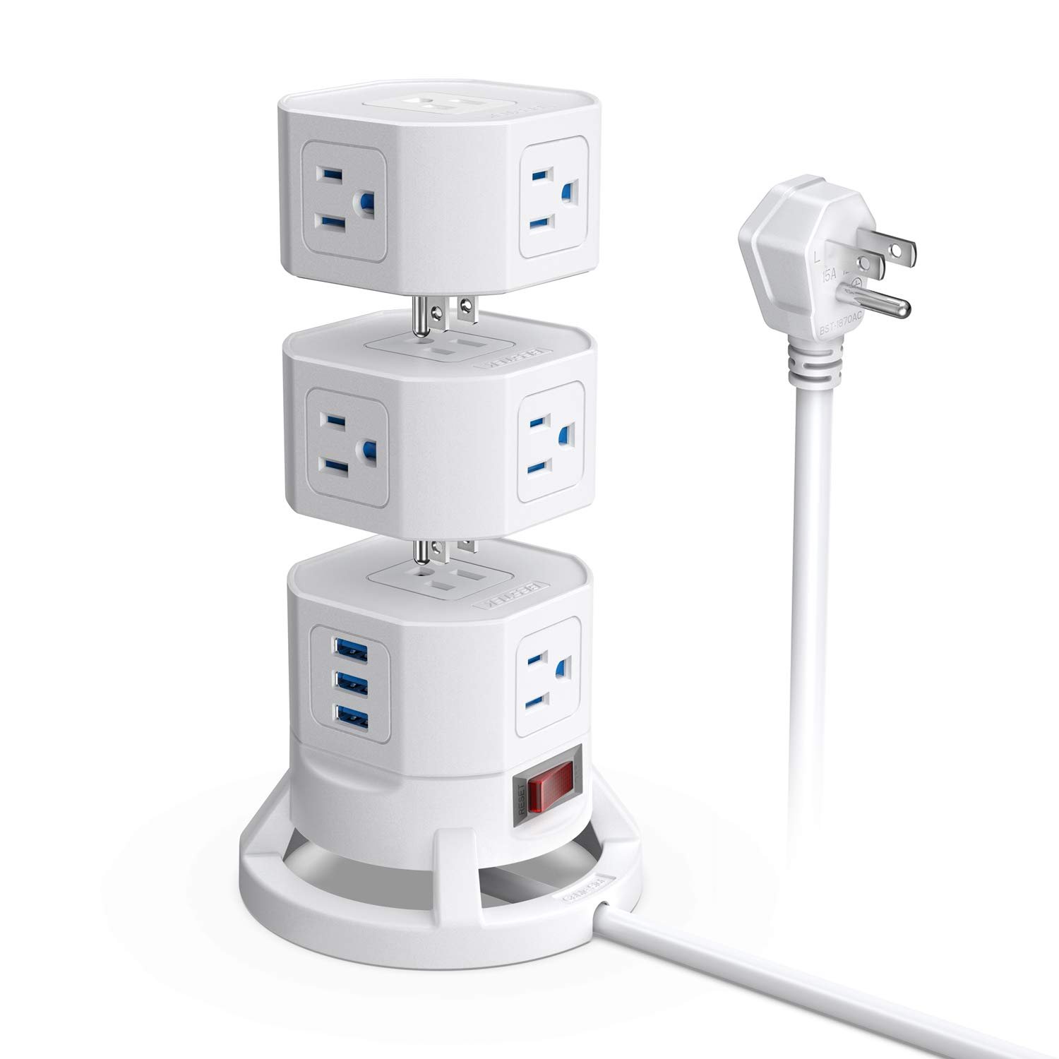 BESTEK 12 Outlets Power Strip Tower with 3 USB Ports Stackable Design Extend to 14 AC Outlets for PC