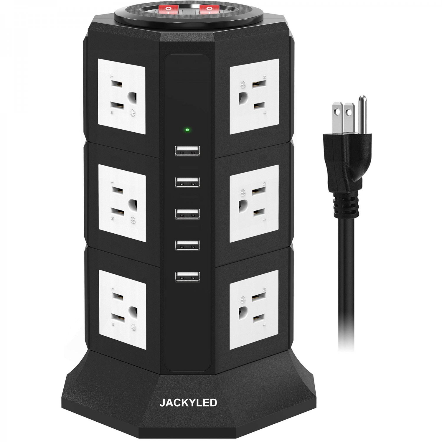 Surge Protector Power Strip Tower JACKYLED 12 AC Outlets 3000W 15A and 5 USB Slots 8A Desktop Smart 