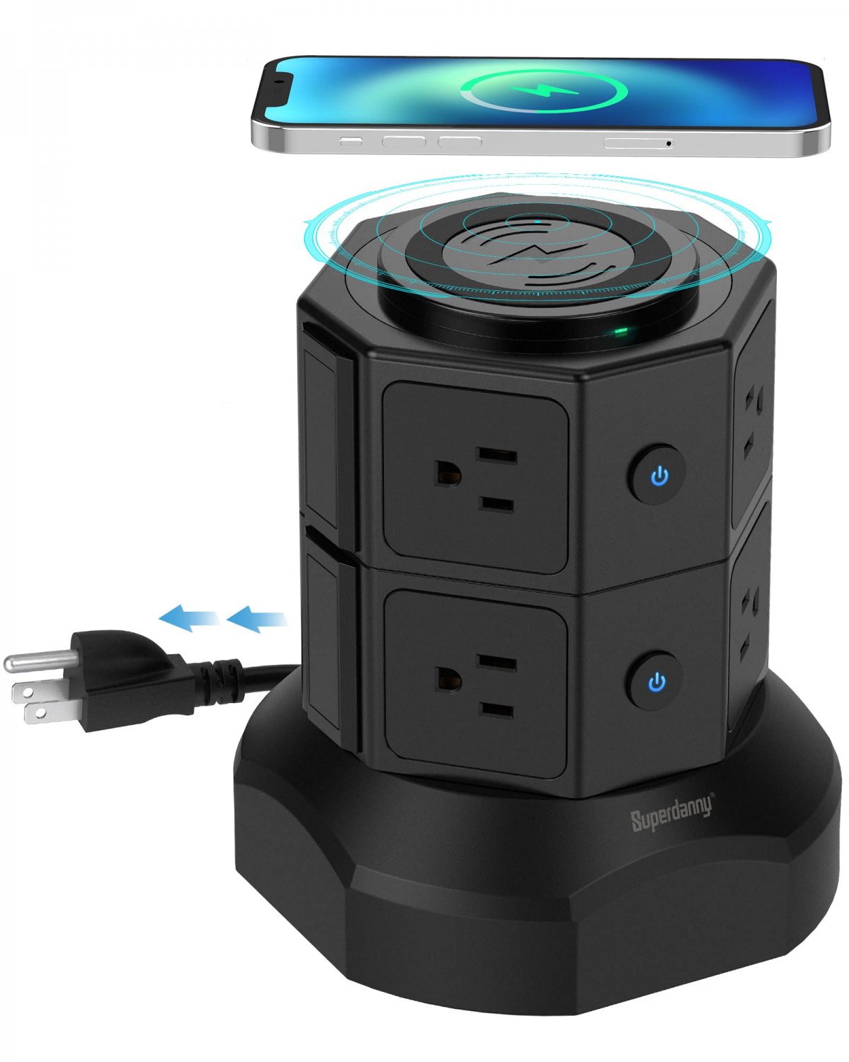 SUPERDANNY Power Strip Tower with 15W Magnet Connecting Wireless Charger, 6.5Ft Retractable Extensio