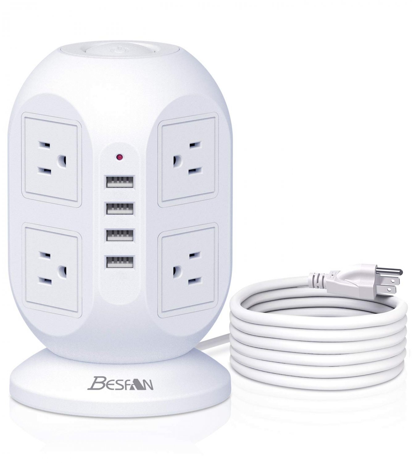 Power Strip Tower, BESFAN 10ft Extension Cord with 8 AC Outlets & 4 USB Ports, Surge Protector Power