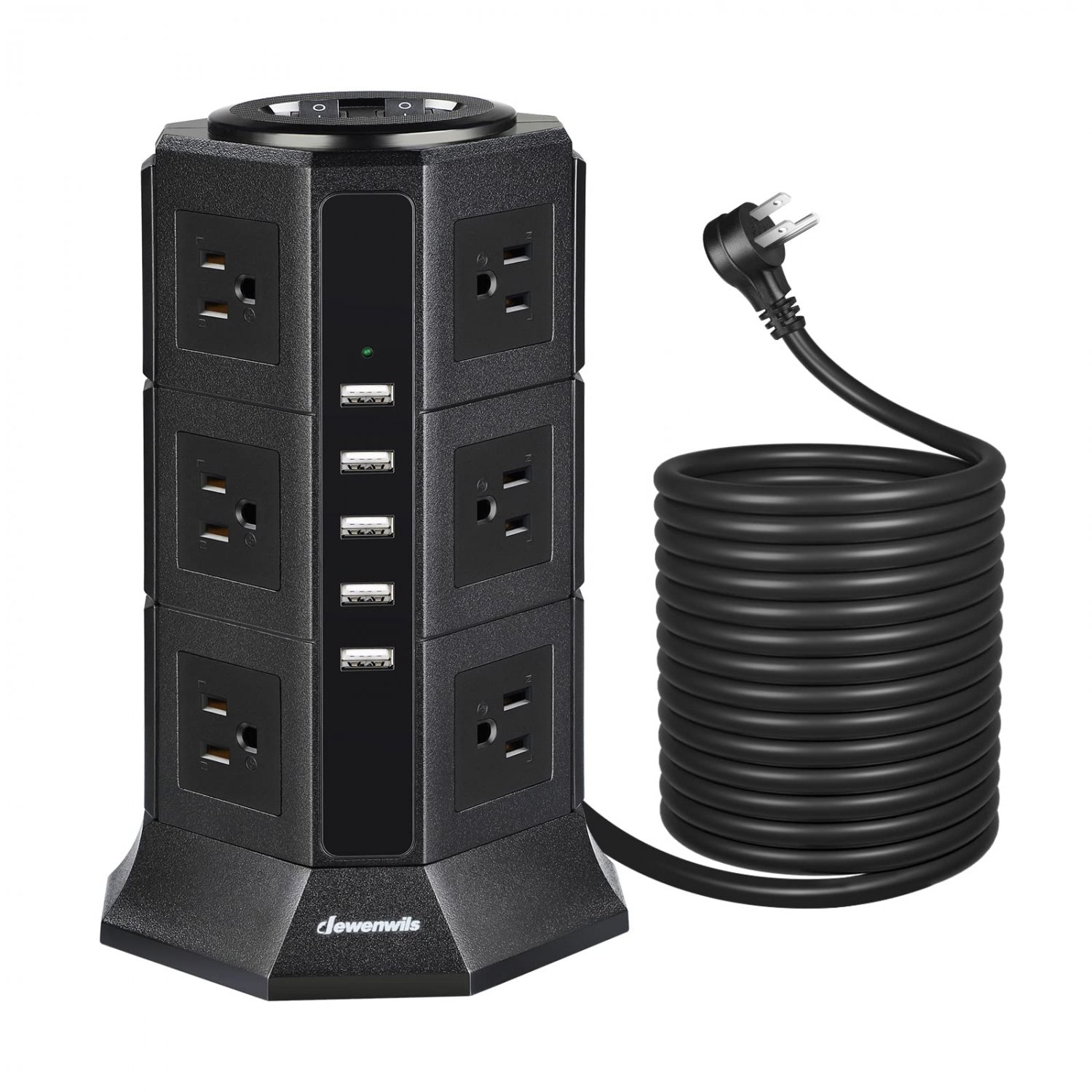 DEWENWILS 16FT Power Strip Tower, 12-Outlet Charging Station with 5-USB Ports, 2 Switch Control, Fla