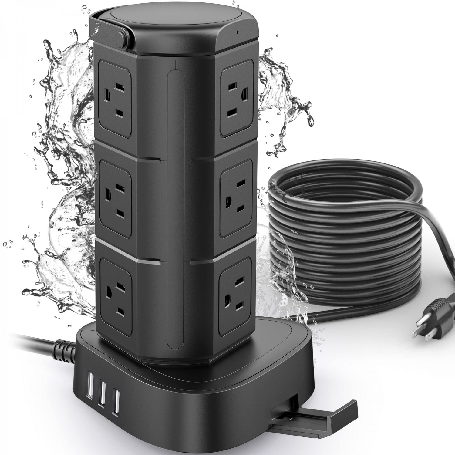 TenTrend Power Strip Tower, 2000J 1875W Waterproof Surge Protector with 9 Outlets 3 USB Ports, 6ft E