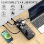Power Strip , Tcstei Surge Protector with 12 Outlets and 4 USB Ports, 6 Feet Extension Cord (1875W/1