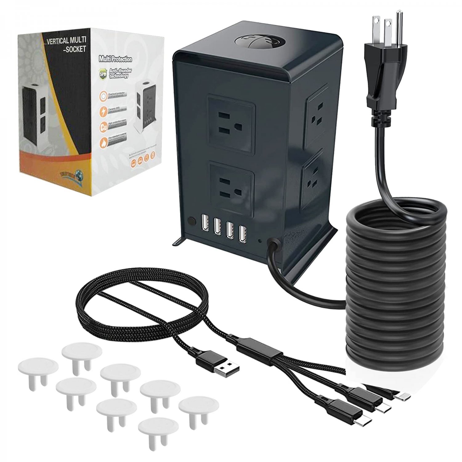 Magnet Of Happiness Power Strip Tower 8 AC Plug 4 Multi USB Ports Extra Long 16.4FT/5M Extension Cor
