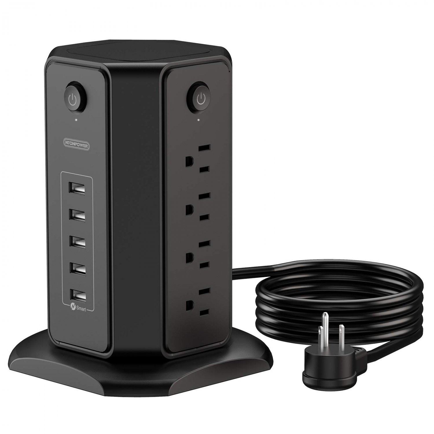 10ft Extension Cord Power Strip Tower, NTONPOWER Flat Plug Surge Protector with 8 Outlets 5 USB Desk
