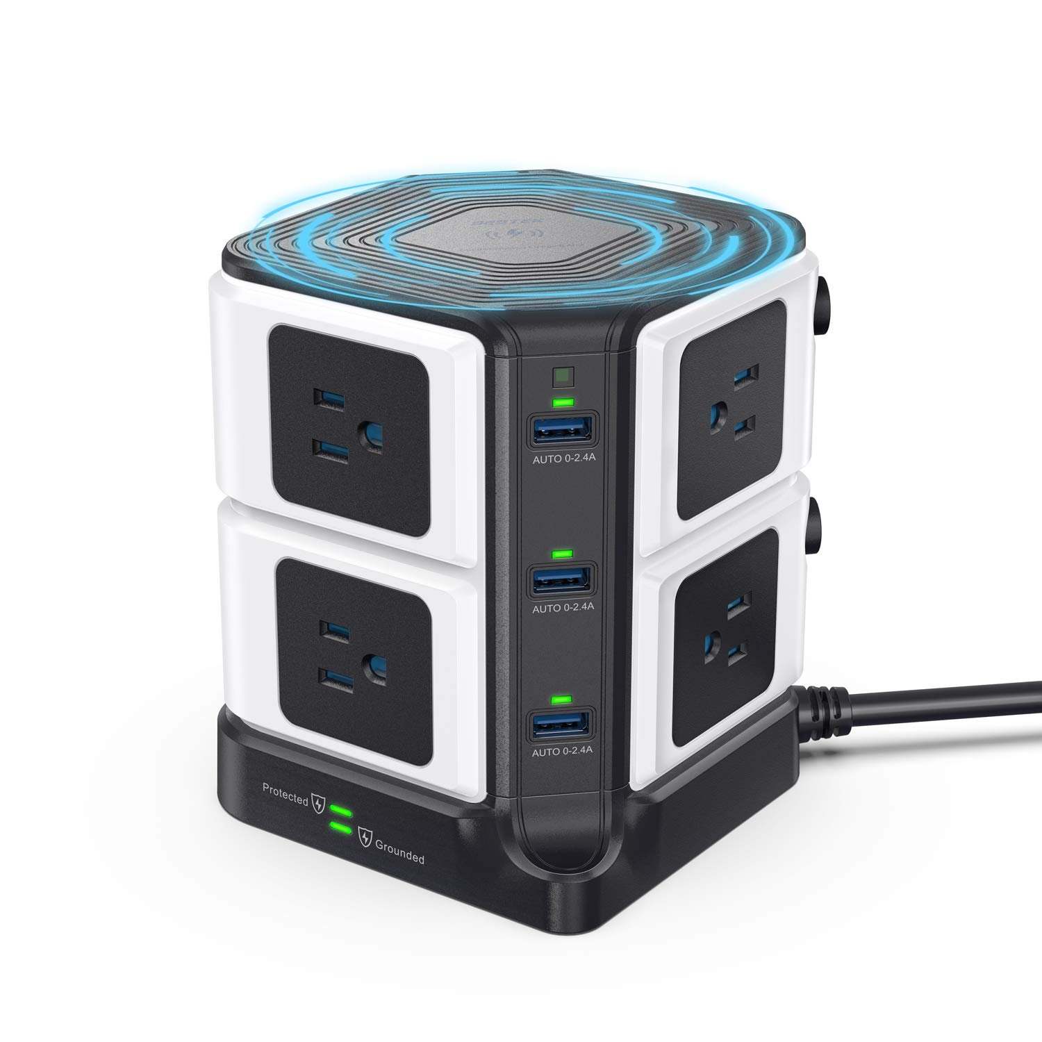 BESTEK 1500 Joules Surge Protector with Wireless Charger 8-Outlet Power Strip Tower with 40W 6-Port 