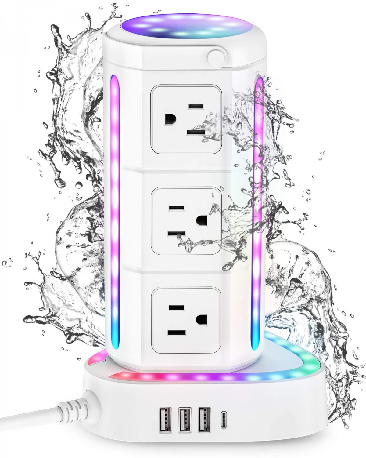RGB Power Strip Tower with USB C PD 20W, Waterproof Surge Protector