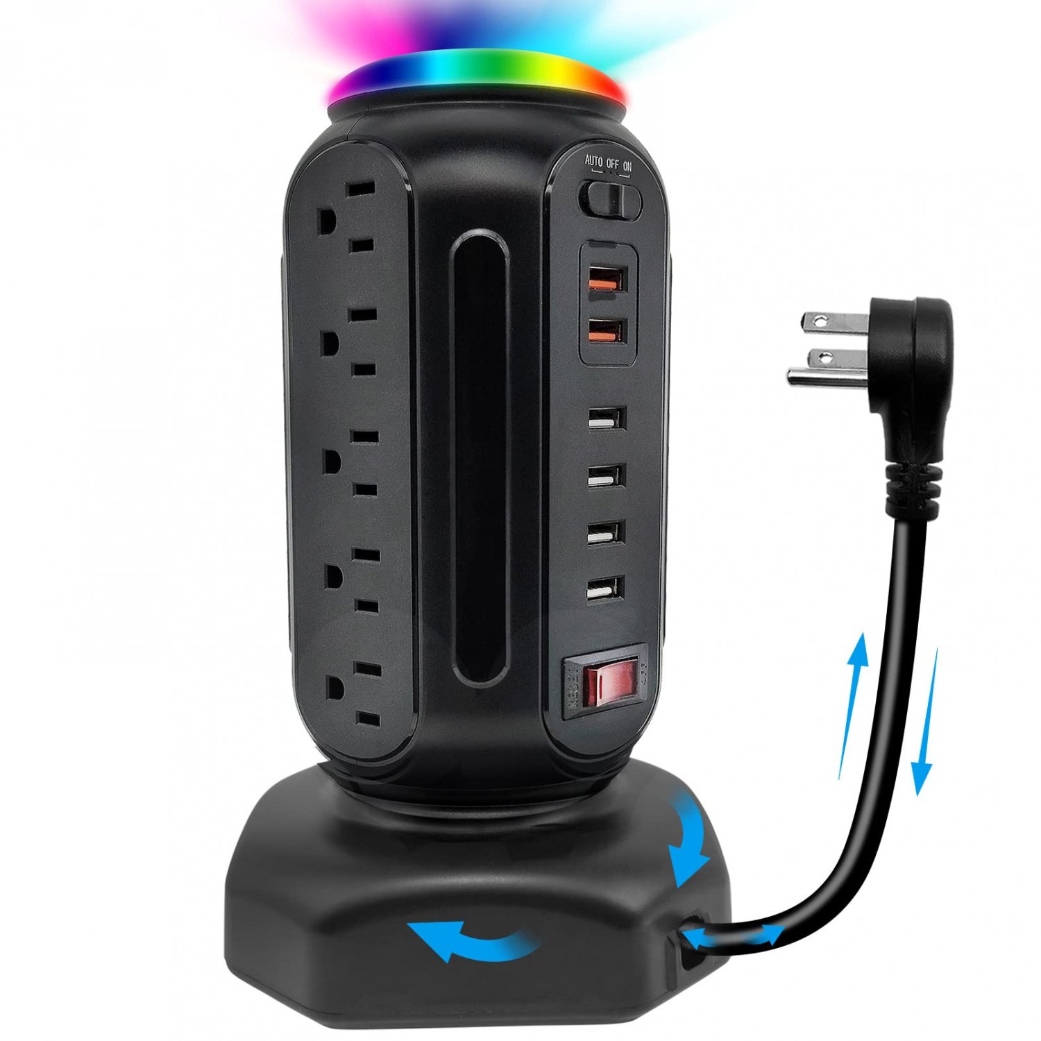 Power Strip Tower with Colorful Nightlight, 15 AC Outlets and 6 Fasting USB Ports, Retractable Exten
