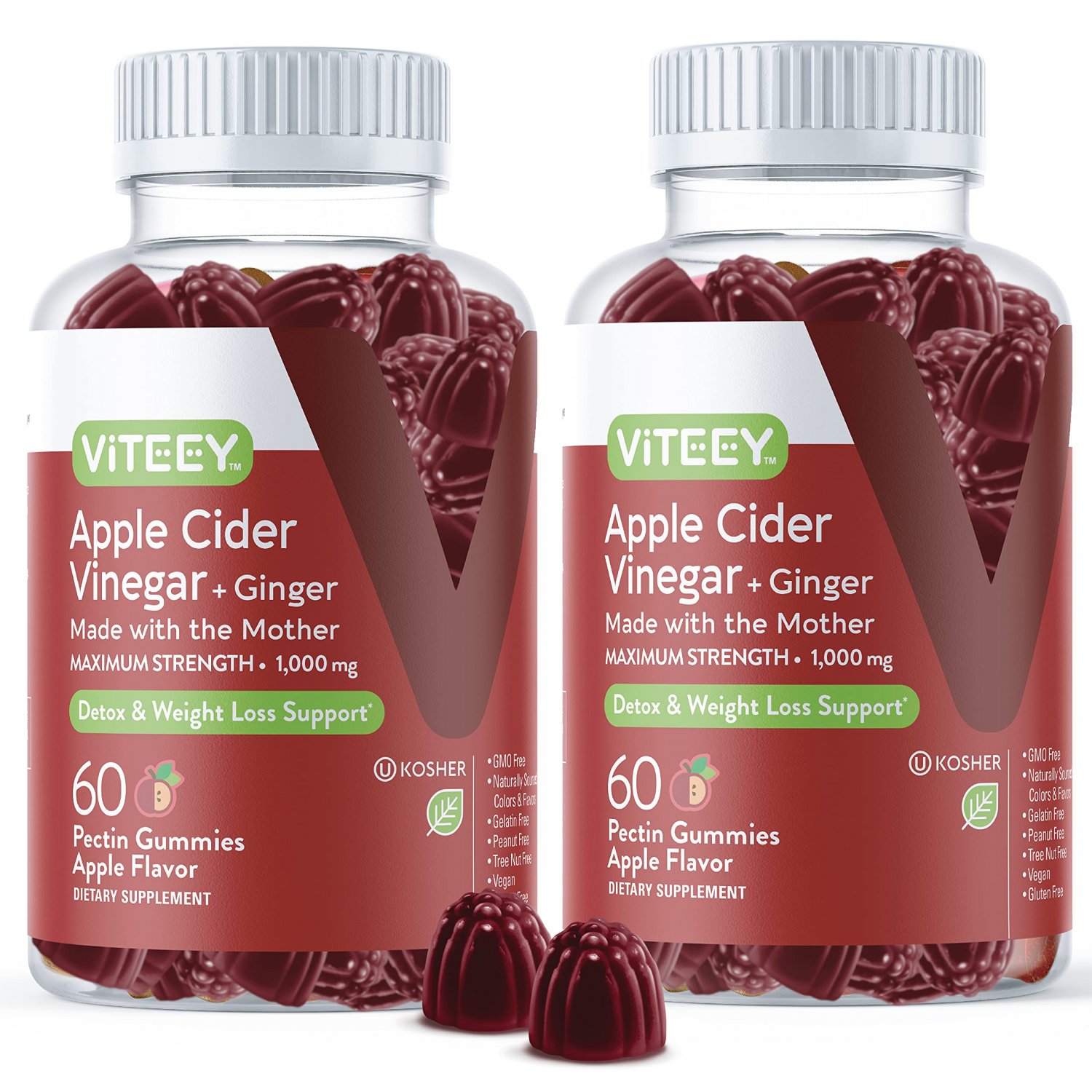 Apple Cider Vinegar Gummies Maximum Strength 1,000mg Plus Ginger, ACV With The Mother Dietary Supple
