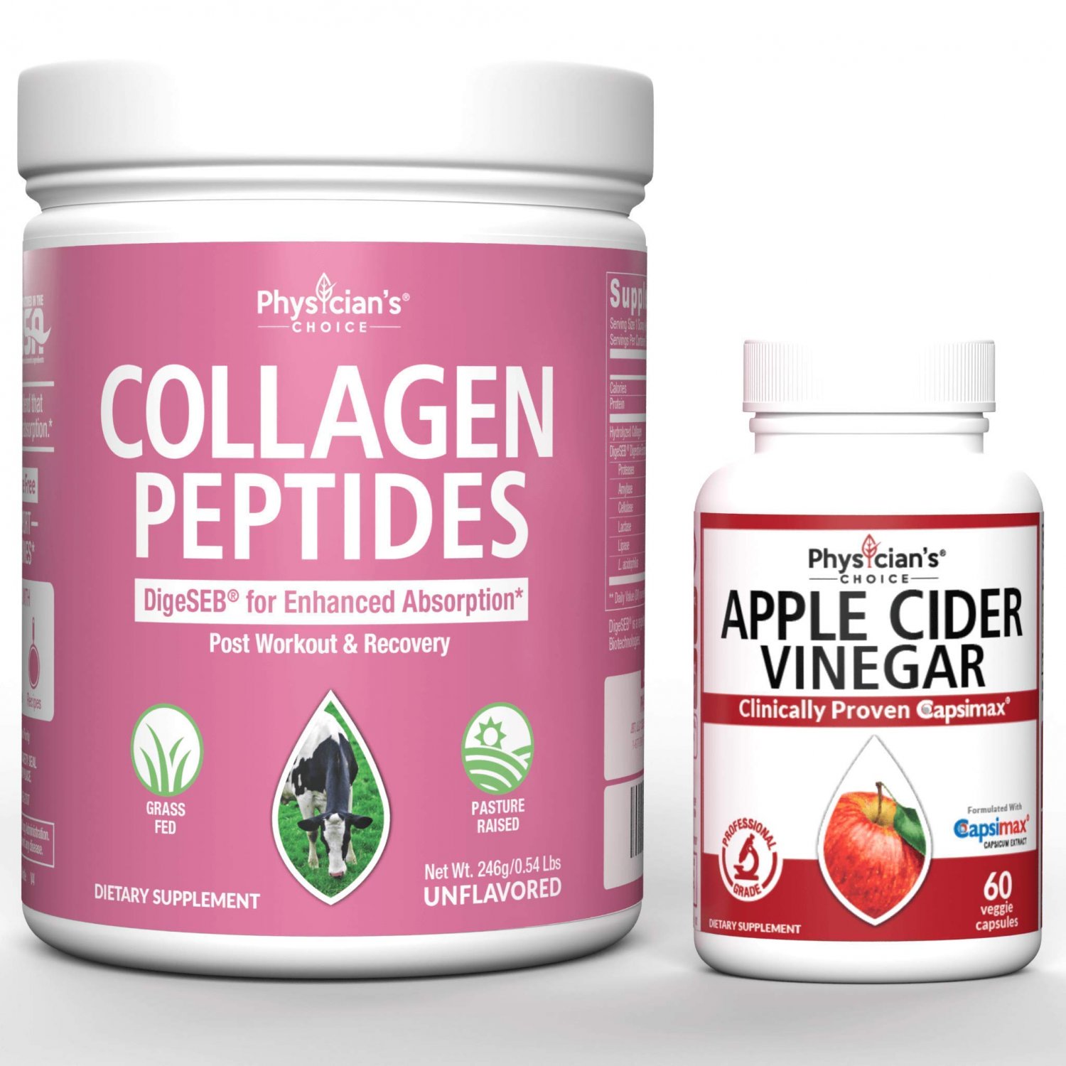 Collagen Peptides Powder - Enhanced Absorption + Apple Cider Vinegar Capsules for Weight Loss Suppor