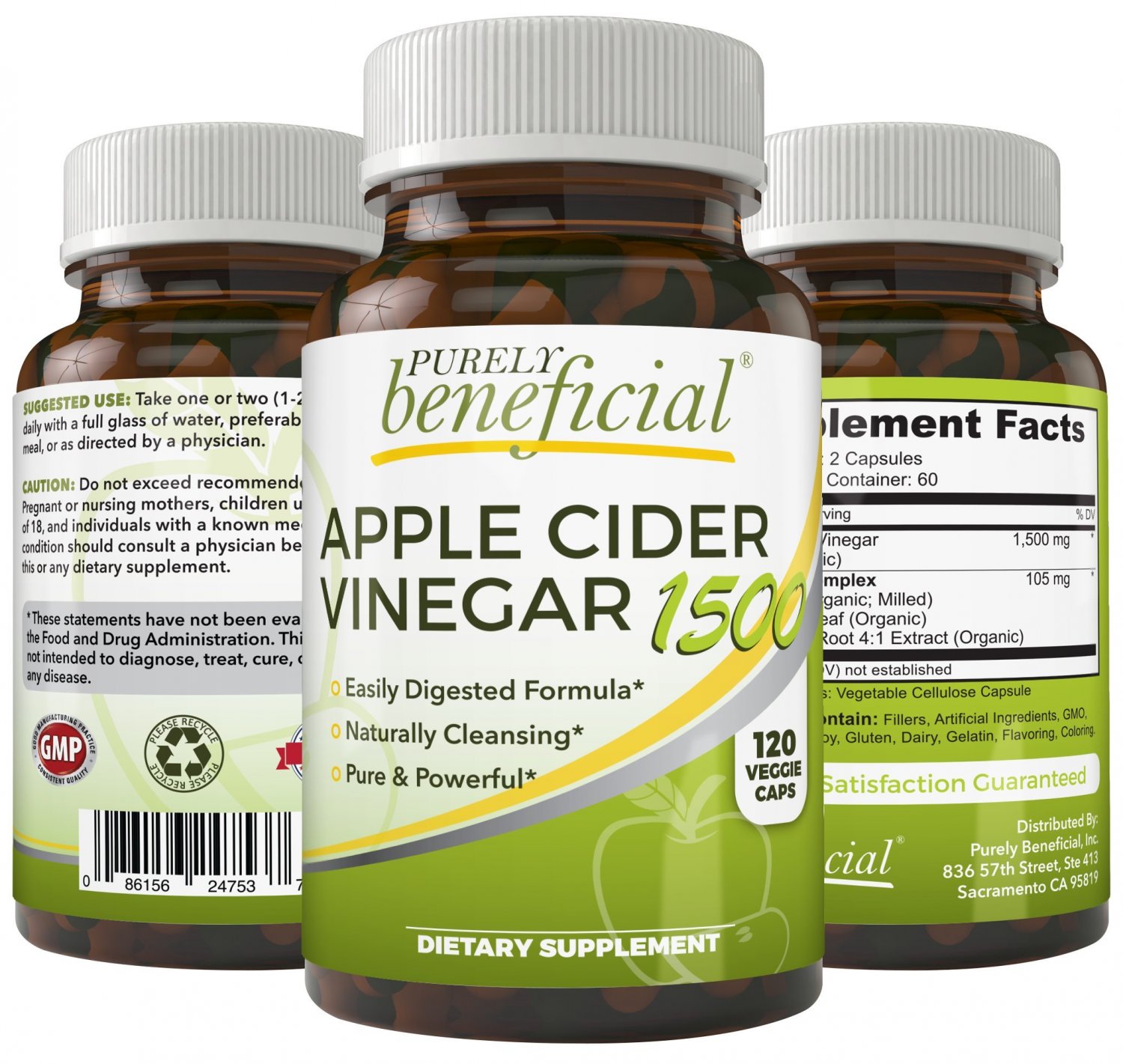Apple Cider Vinegar 1500mg - Raw, Non-GMO, Extra Strength, 120 or 180 Capsules, Vegetarian (120 Caps