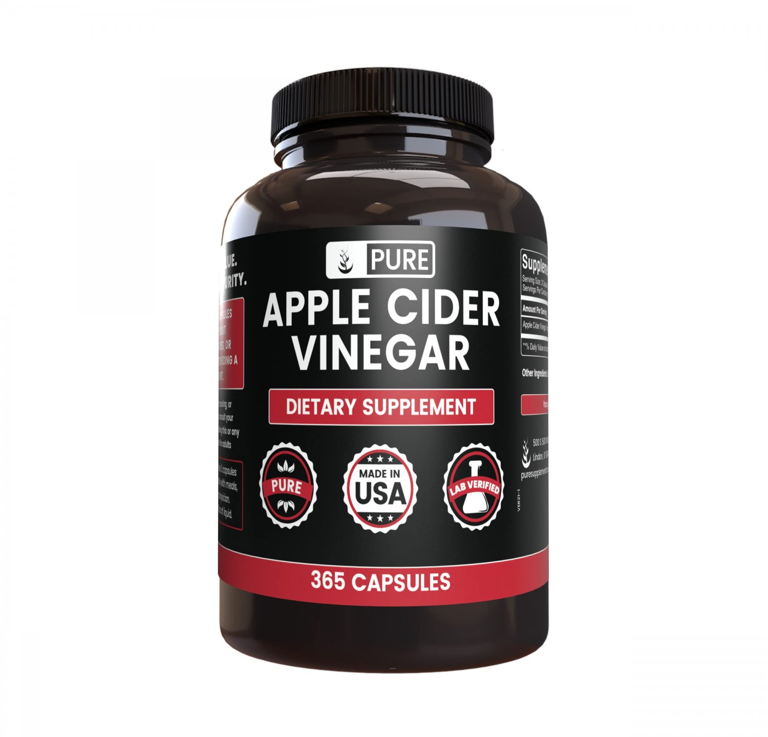 Natural Apple Cider Vinegar No Magnesium Stearate or Rice Fillers (365 Capsules) Non-GMO, Undiluted 