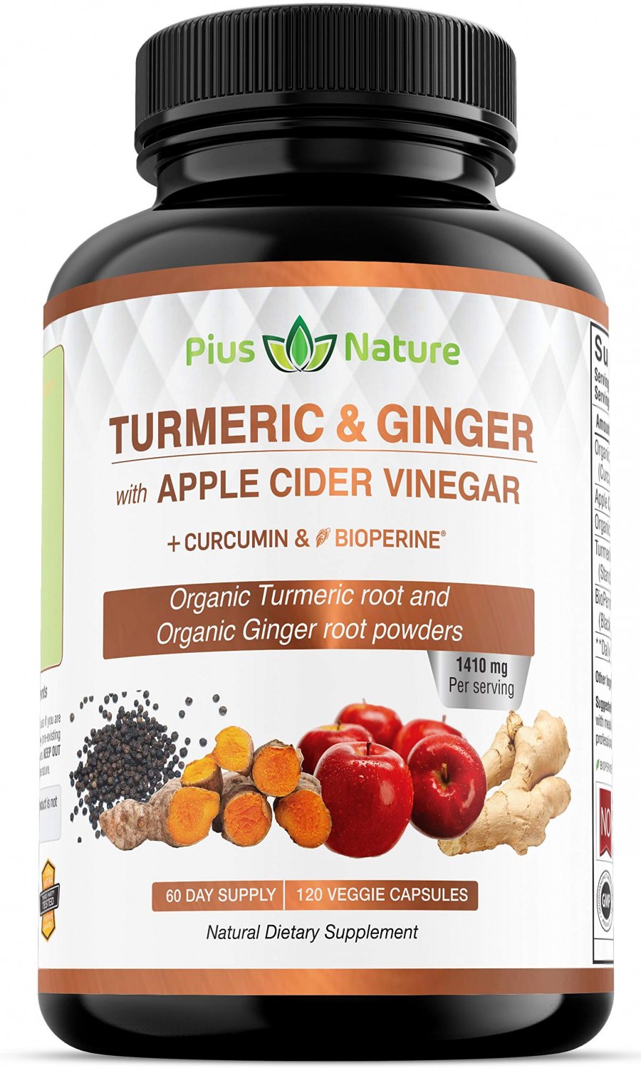 120 Capsules of USDA Organic Turmeric Root Powder, USDA Organic Ginger Powder and Apple Cider Vinega