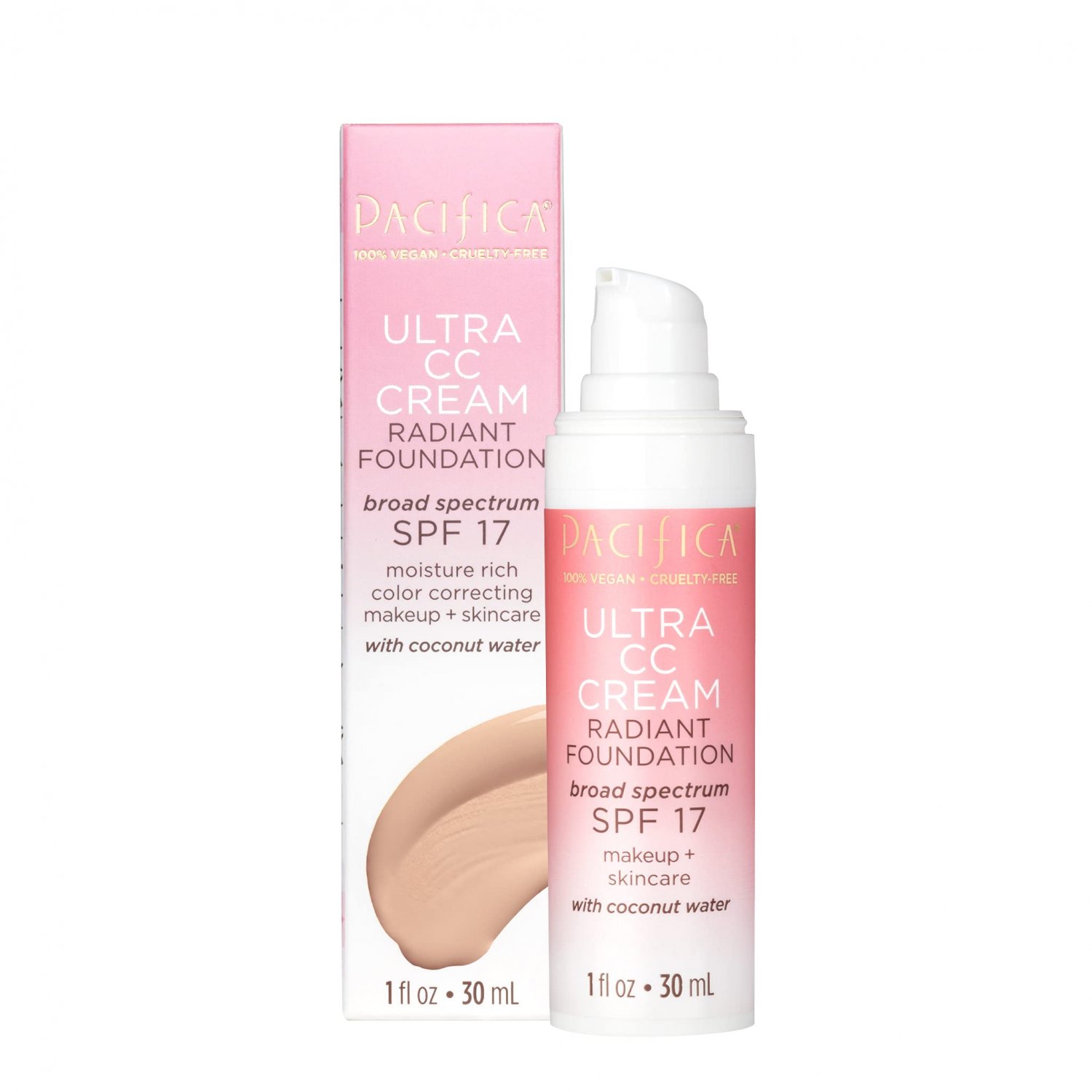 Pacifica Beauty Ultra CC Cream Radiant Foundation with Broad Spectrum SPF 17, Warm/Light Color, 100%