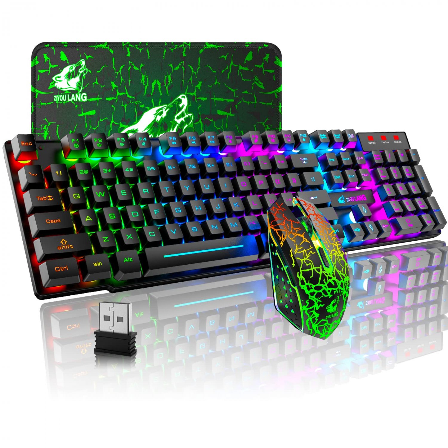 Wieless Gaming Keyboard and Mouse Combo Rainbow Backlight Quiet Ergonomic Mechanical Feeling Anti-gh