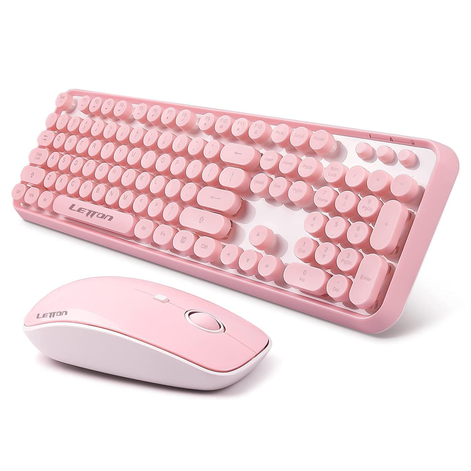 Pink Wireless Keyboard Mouse Combo, 2.4GHz Wireless Retro Typewriter Keyboard and Mouse Combo, Letto