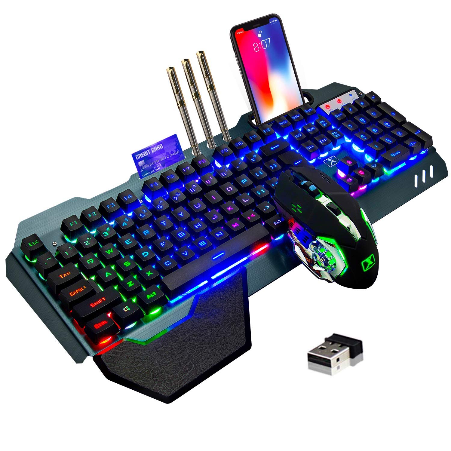 Wireless Gaming Keyboard and Mouse,Rainbow Backlit Rechargeable Keyboard Mouse with 3800mAh Battery 