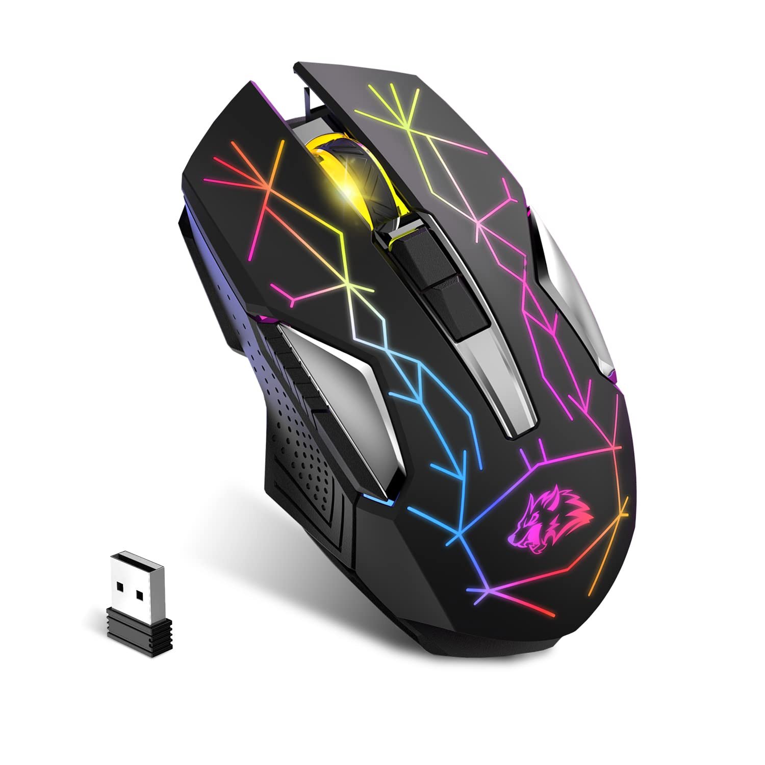 Wireless Gaming Mouse Rechargeable with Silent Rainbow RGB Backlit ,2.4G USB Nano Receiver Optical S