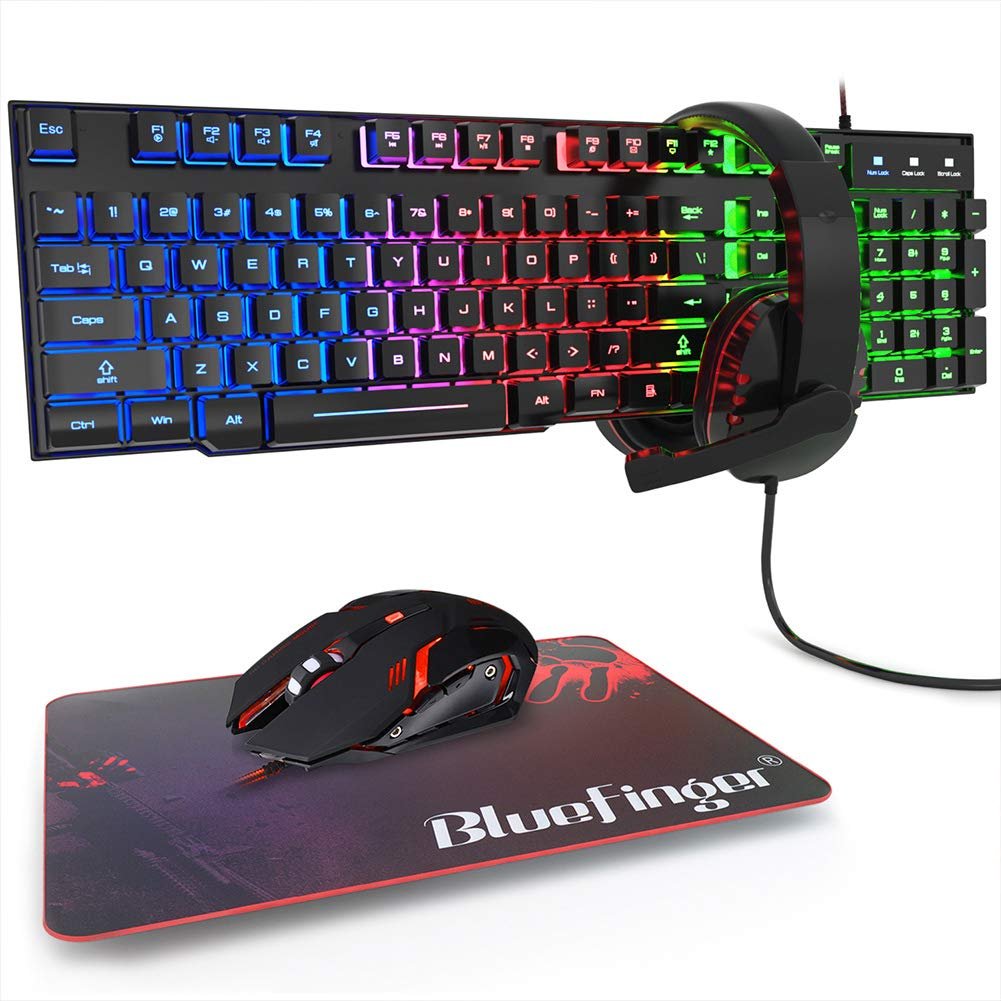 BlueFinger RGB Gaming Keyboard and Backlit Mouse and Headset Combo,USB Wired Backlit Keyboard,LED Ga