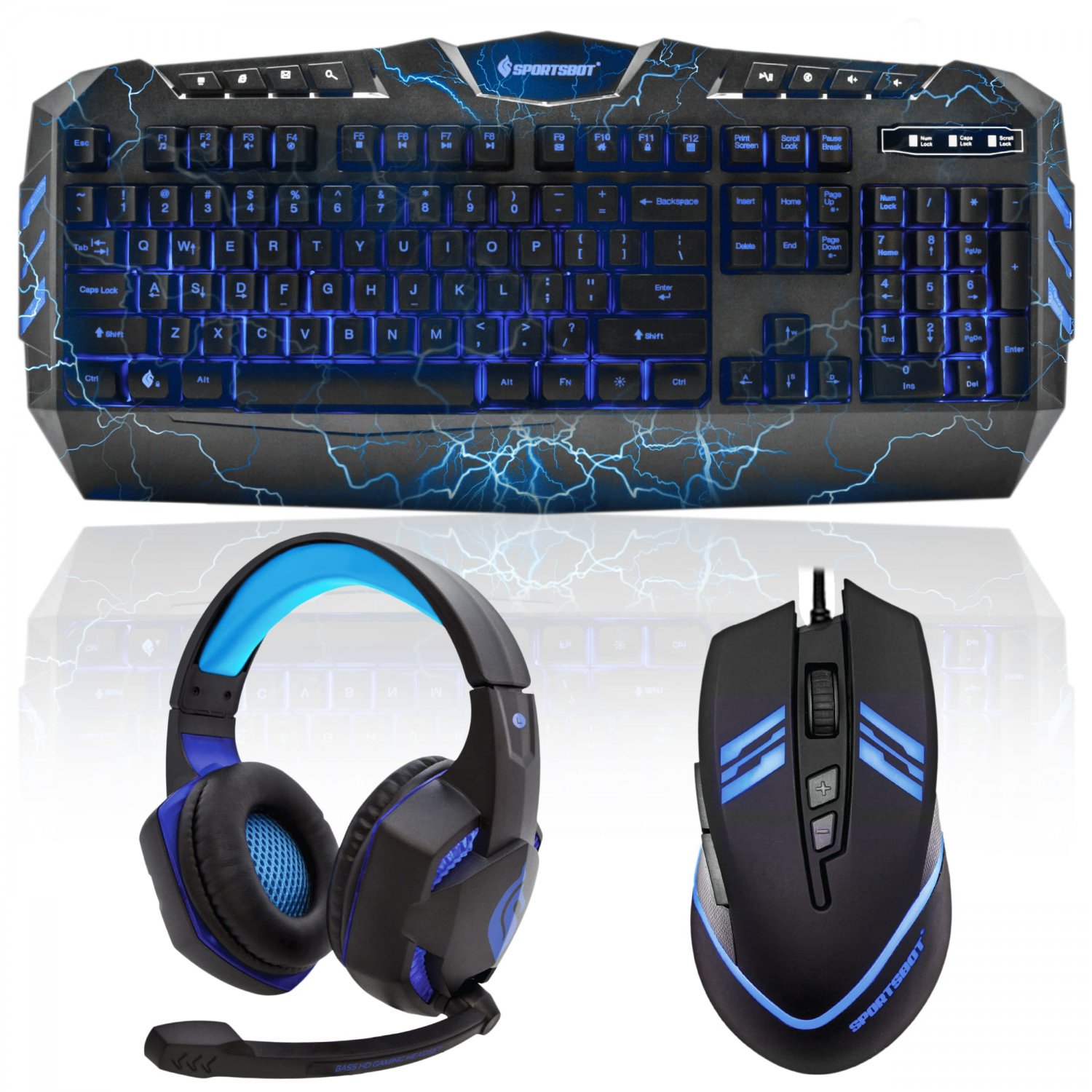 SportsBot SS301 Blue LED Gaming Over-Ear Headset Headphone, Keyboard & Mouse Combo Set w/ 40mm Speak