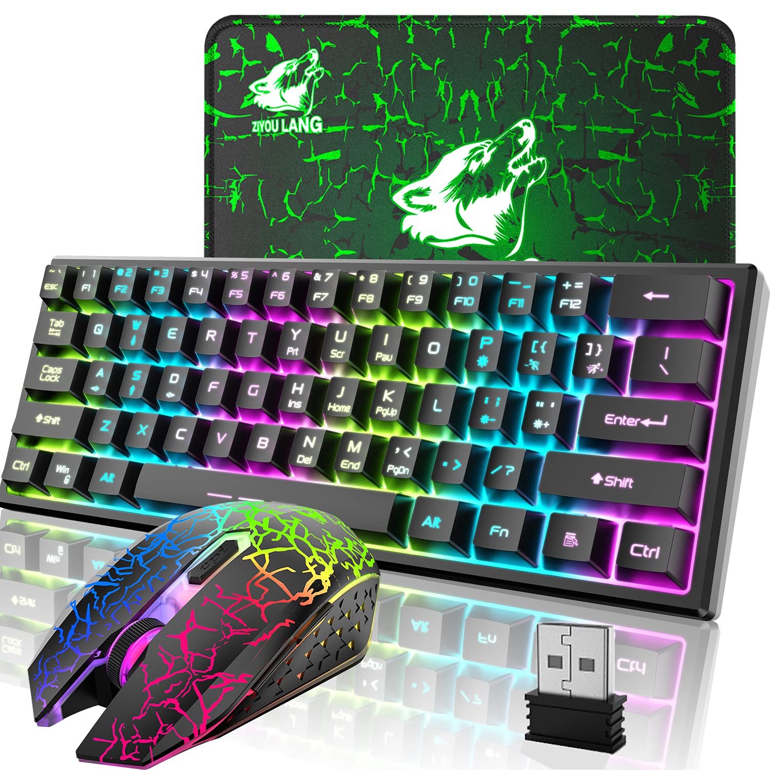 Wireless Gaming Keyboard and Mouse Combo,61 Key Rainbow Backlit Keyboard with Rechargeable 4000mAh,M