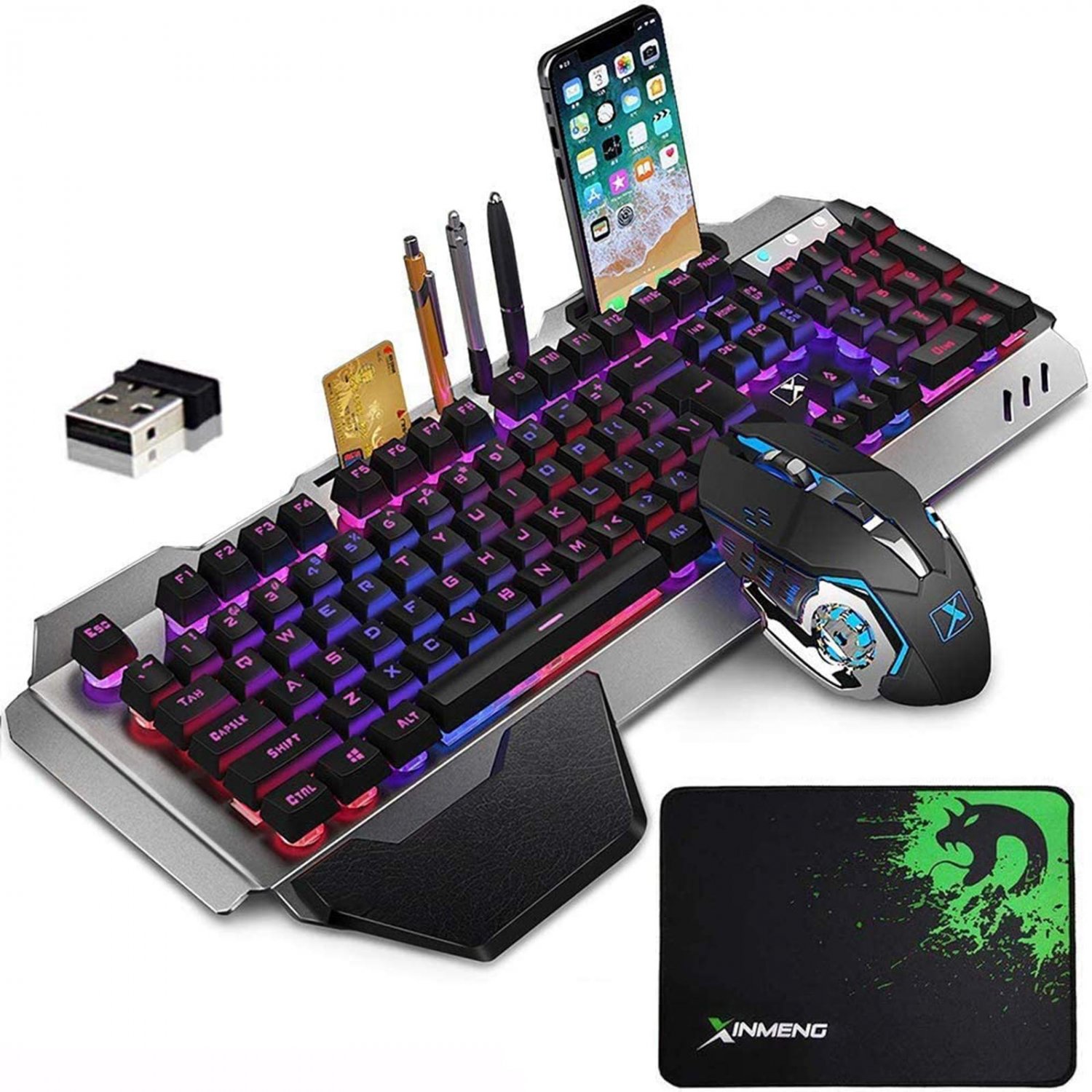 Wireless Gaming Keyboard and Mouse Combo with Rainbow LED Backlit Rechargeable 4800mAh Battery Metal