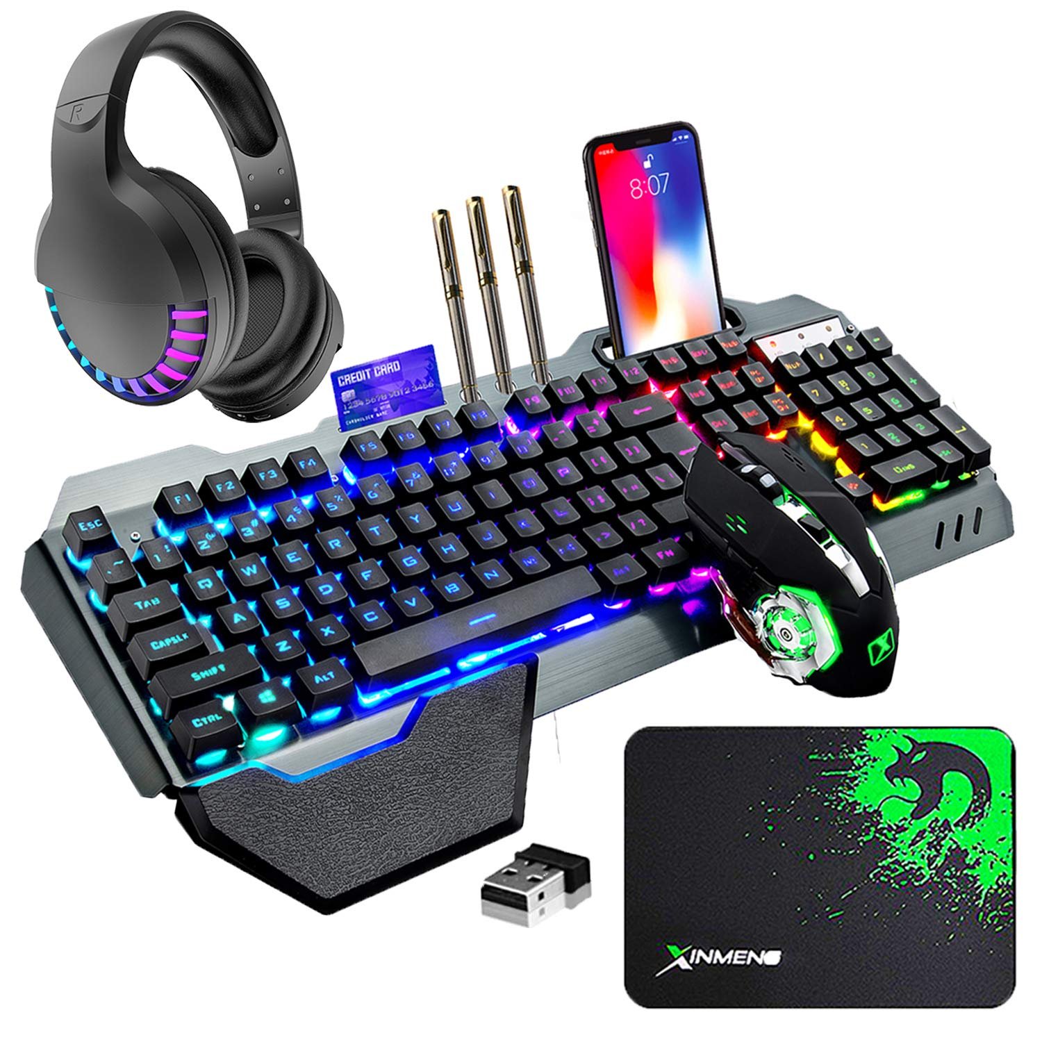Wireless Gaming Keyboard Mouse Bluetooth Headset Kit with 16 RGB Backlit Rechargeable Battery Metal 