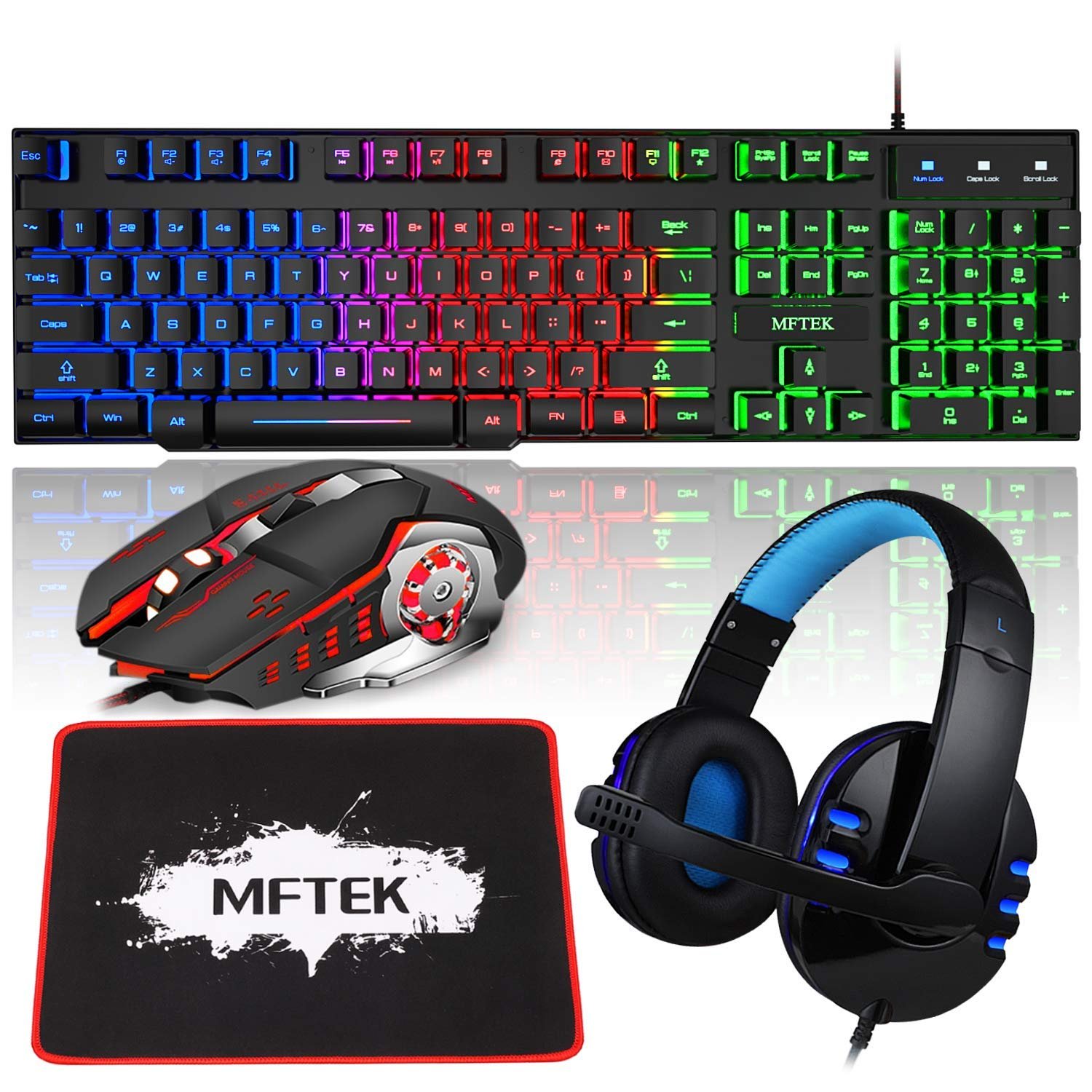 MFTEK RGB Rainbow Backlit Gaming Keyboard and Mouse Combo, Blue Lighted PC Gaming Headset with Micro