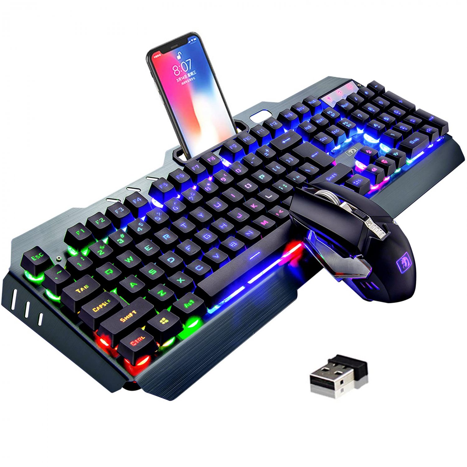 Wireless Gaming Keyboard and Mouse,Rainbow Backlit Rechargeable Keyboard with 3800mAh Battery Metal 