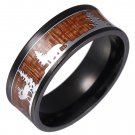 8mm Men’s Comfort Fit Tungsten Carbide Band with Wooden Inlay accented with Deer Stag and Forest
