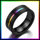 8mm Men’s Matte Black Tungsten Carbide Band Featuring a Grooved Rainbow Inlay