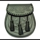 Black Celtic Knot Embossed Leather Sporran with 3 Tassels and Free Chain Belt