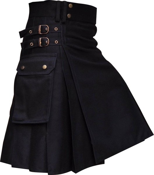 34" Size Scottish Men's Black Utility Black 16oz Cotton Drill Fabric Wedding Kilt