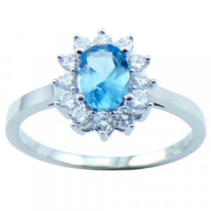 18K White Gold Plated Oval Blue Topaz Color CZ Ring