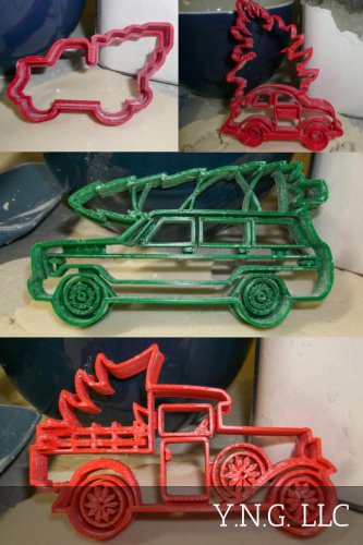 CHRISTMAS TREE HAULING TRANSPORT VEHICLES CAR VINTAGE COOKIE CUTTER USA PR1307