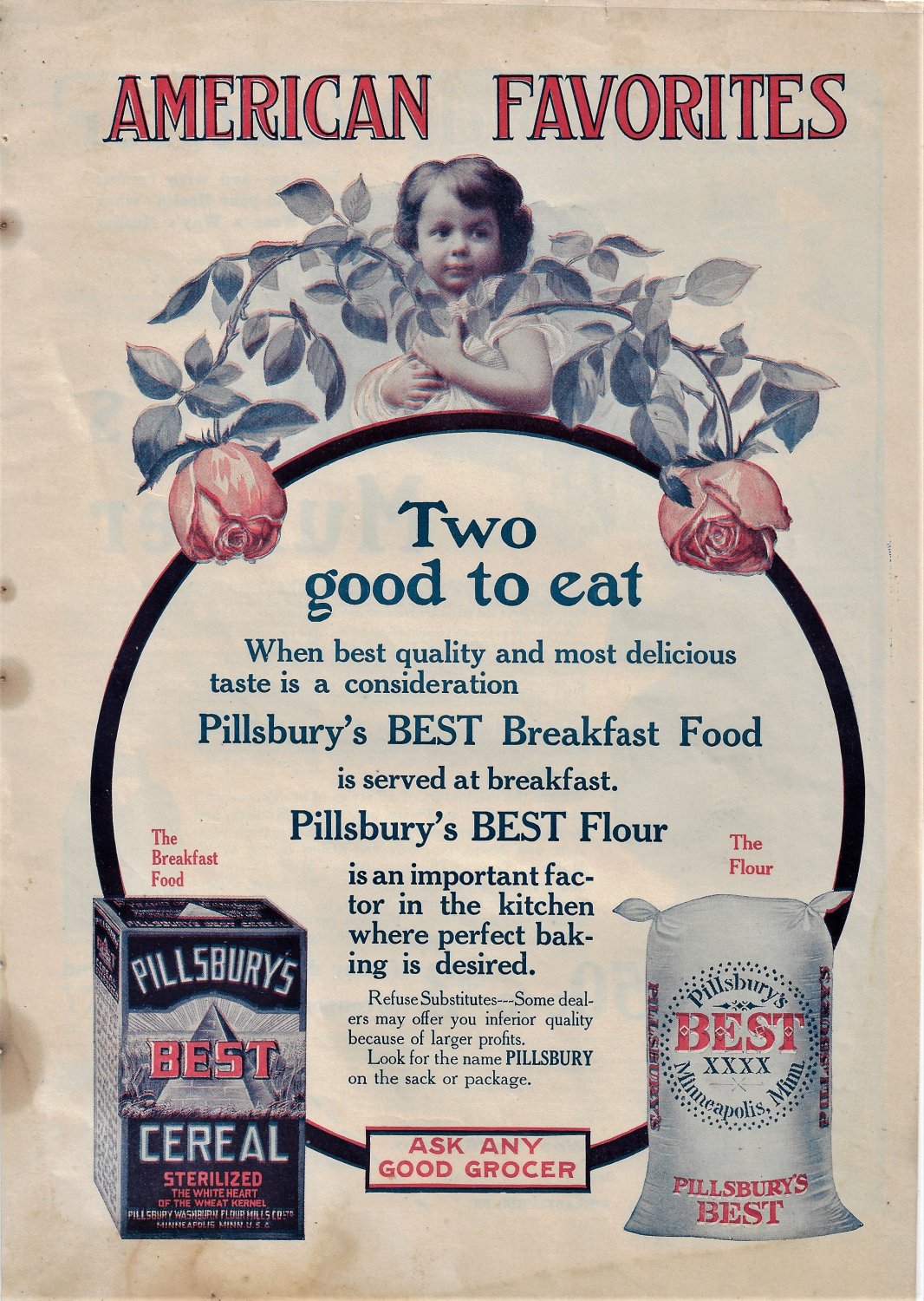 1908 Pillsbury Best Cereal Flour Breakfast Child Victorian Flower Rose