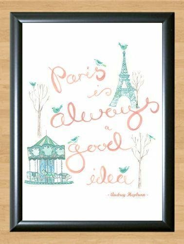 Typography Art Print  High Quality Paris France Audrey Hepburn Quote Picture A2 16.5x23.4""