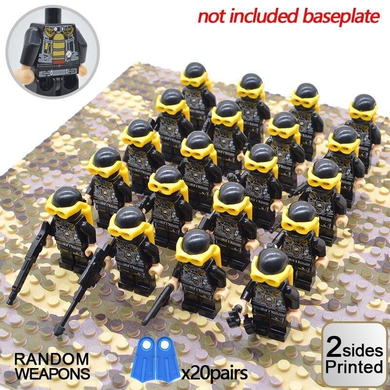 20Pcs/Lot Army Modern Navy Frog Man with Flippers and Bottle Minifigures Toy
