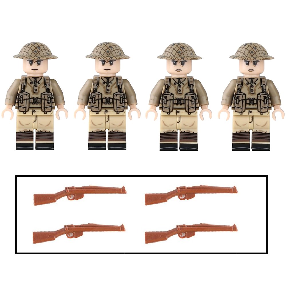 4pcs WW2 British Army UK Infantry Soldiers Minifigures Weapons and Accessories