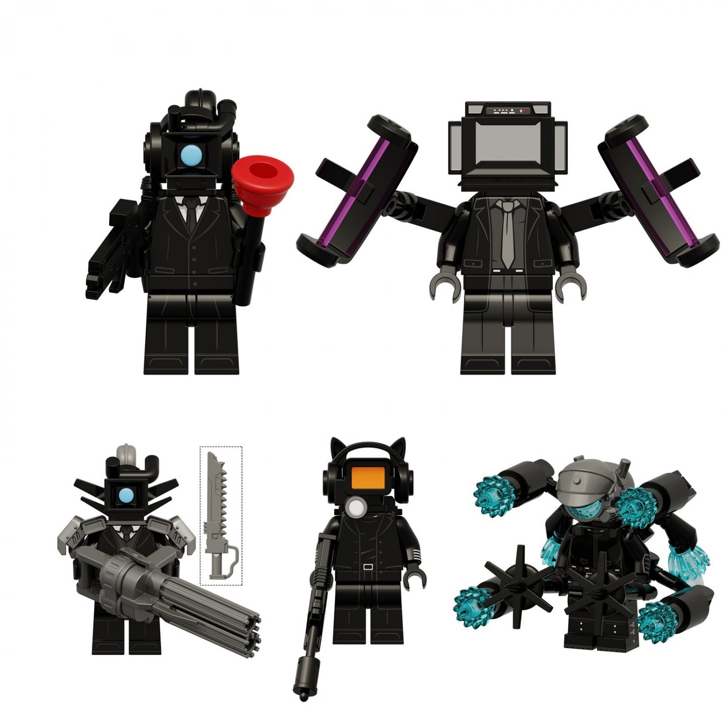 5pcs Skibidi Toilet TV Man Cameraman Plungerwoman 3.0 Minifigures Building Toys