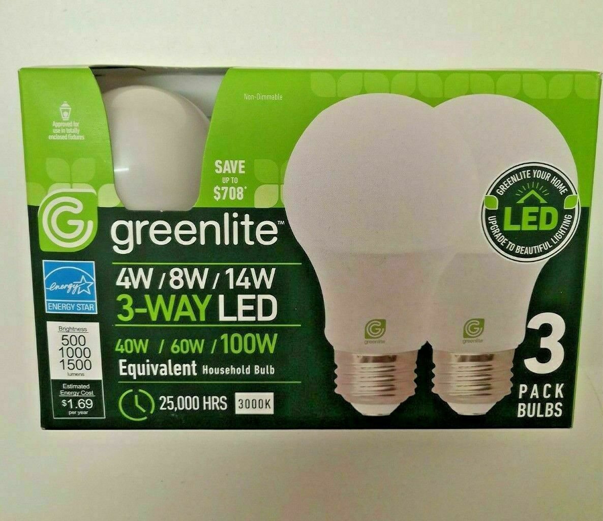 Greenlite LED 3 Way Bulbs 3 Pack 4/8/14W EnergyStar 40/60/100W 25K hrs