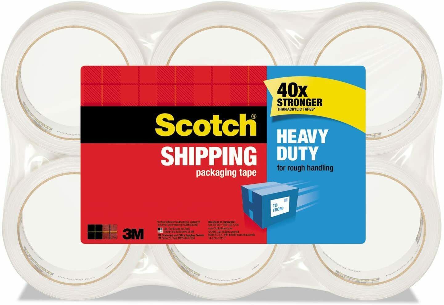Scotch Heavy Duty Clear Shipping Packaging Tape 1.88 inches x 54.6 Yards 6 Rolls