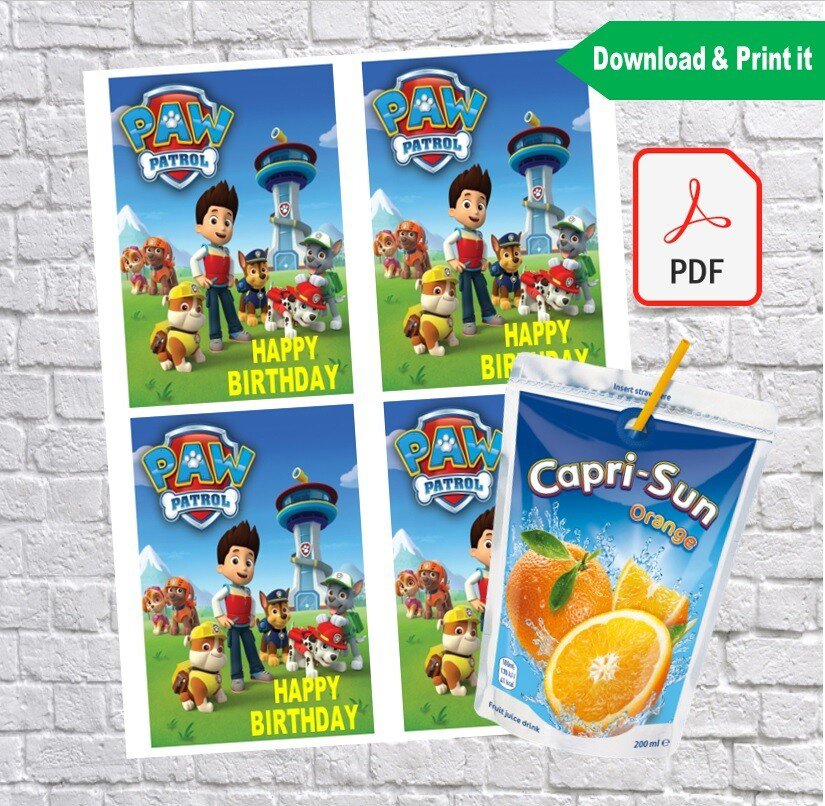 Paw Patrol Capri Sun labels Instant Download