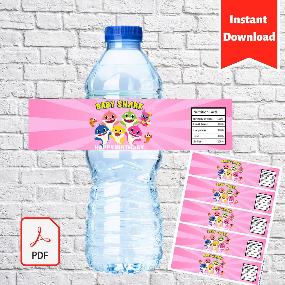Baby Shark Pink Water Bottle Labels
