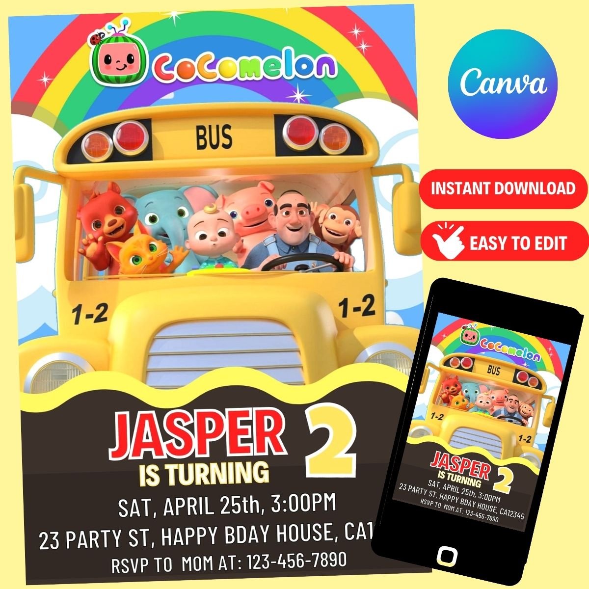 Cocomelon Wheel on the Bus Birthday Invitation