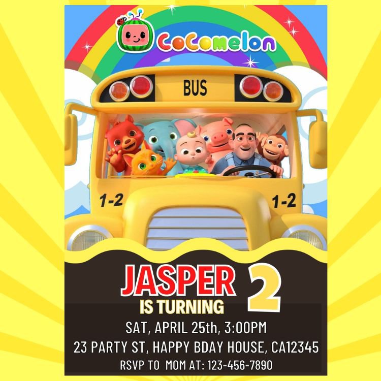 Cocomelon Wheel on the Bus Birthday Invitation