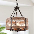 Anmytek Round Wooden Chandelier with Clear Glass Shade Rope and Metal Pendant Five Decorative