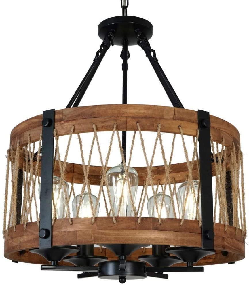 Rustic  Round Wood Five Lights Farmhouse Chandeliers Wooden Island Pendant  Rope Metal Ceiling Light